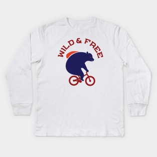 Wild and Free Navy Blue Bear Ride a Red MTB Bicycle with Waterback Kids Long Sleeve T-Shirt